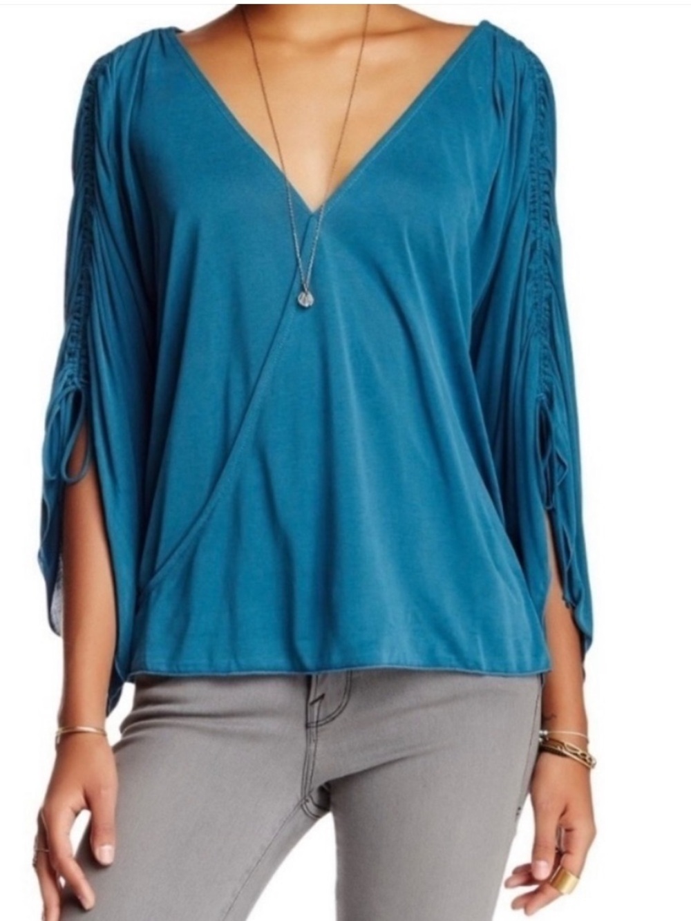 Free People Salt n Peppa Ruched Sleeve Surplice Wrap Top Jade Blue Green Teal S